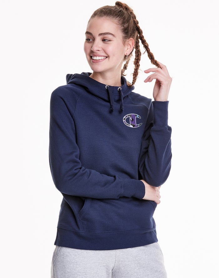 Champion Dame Hættetrøje Mørkeblå - Powerblend Fleece Liquid Filled C And Script Logo - Danmark ARW-